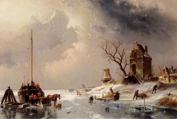 Figures Chargement d’une charrette tirée par un cheval sur le paysage de glace Charles Leickert Peinture à l'huile